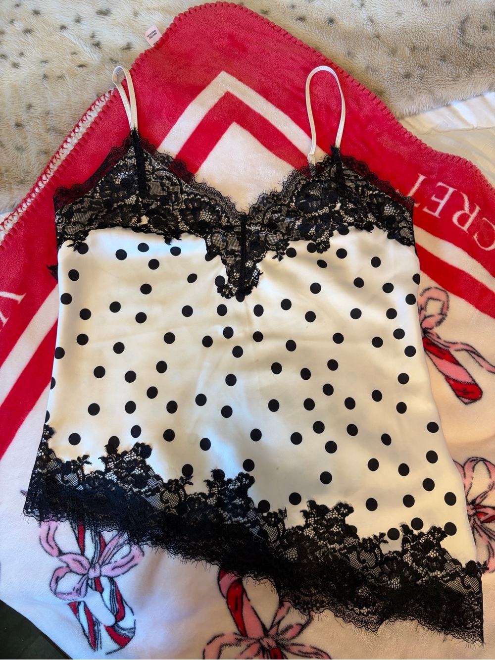 Dynamite Black & White Polka Dot Lace Trim Cami